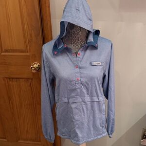 Columbia Light Blue Hooded Pullover Jacket with Orange Snaps